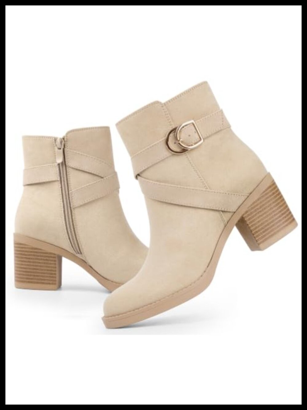 Women's Zipper Ankle Boots Chunky Stacked Heel Buckle Strap PU Booties